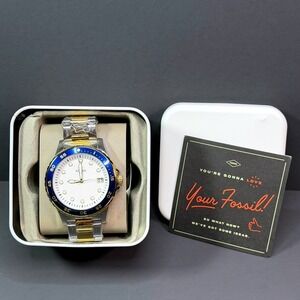Fossil PR5472 Two Tone Silver Gold Blue Bezel White Dial Mens Watch NEW